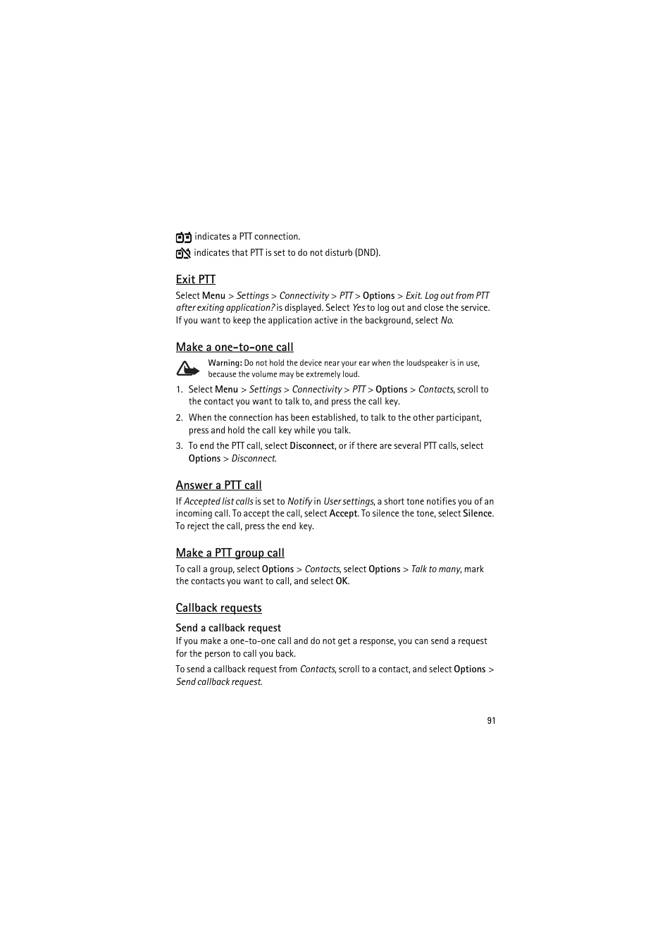 Exit ptt, Make a one-to-one call, Answer a ptt call | Make a ptt group call, Callback requests, Send a callback request | Nokia 6120 classic User Manual | Page 91 / 103