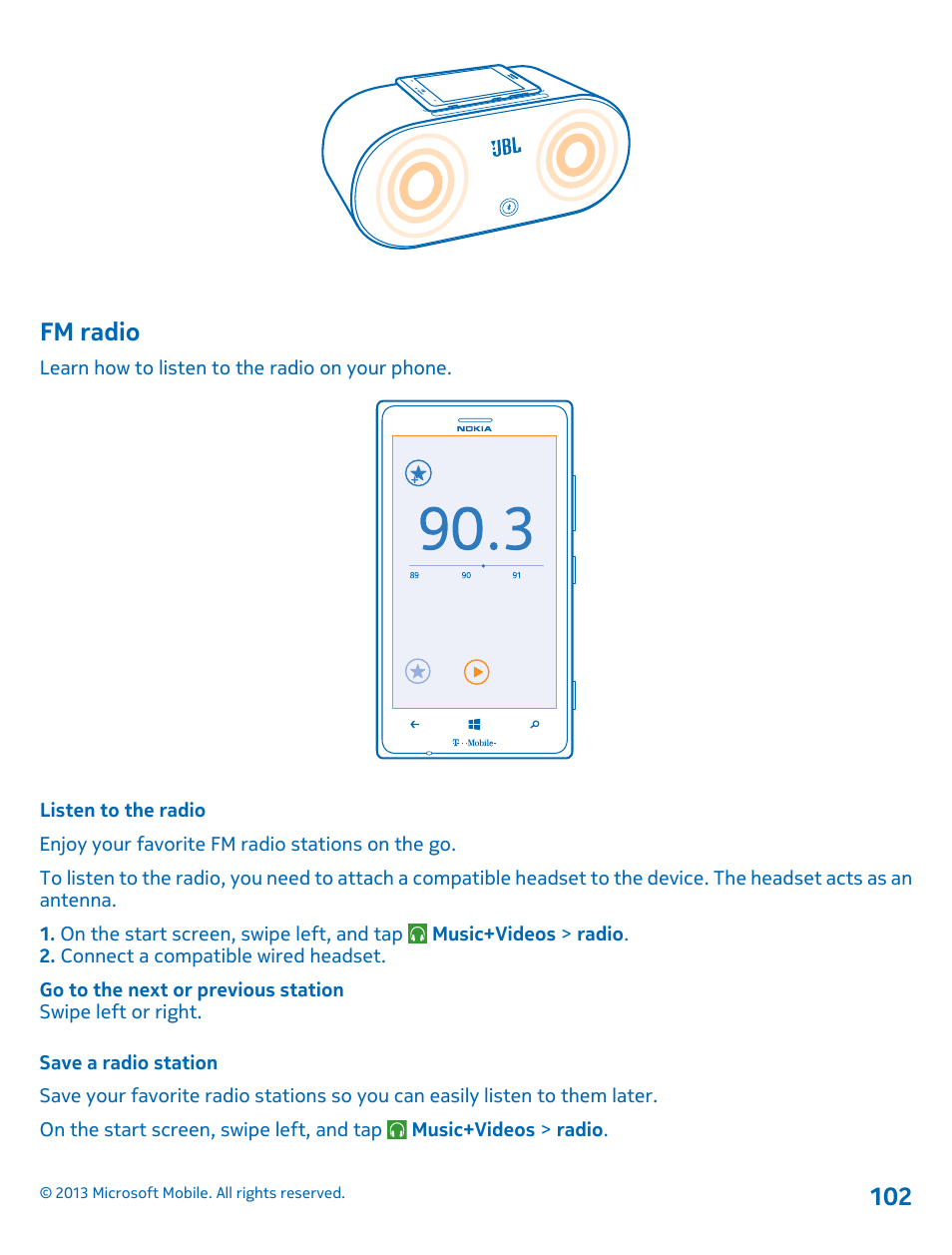 Fm radio, Listen to the radio, Save a radio station | Nokia Lumia 925 User Manual | Page 102 / 138