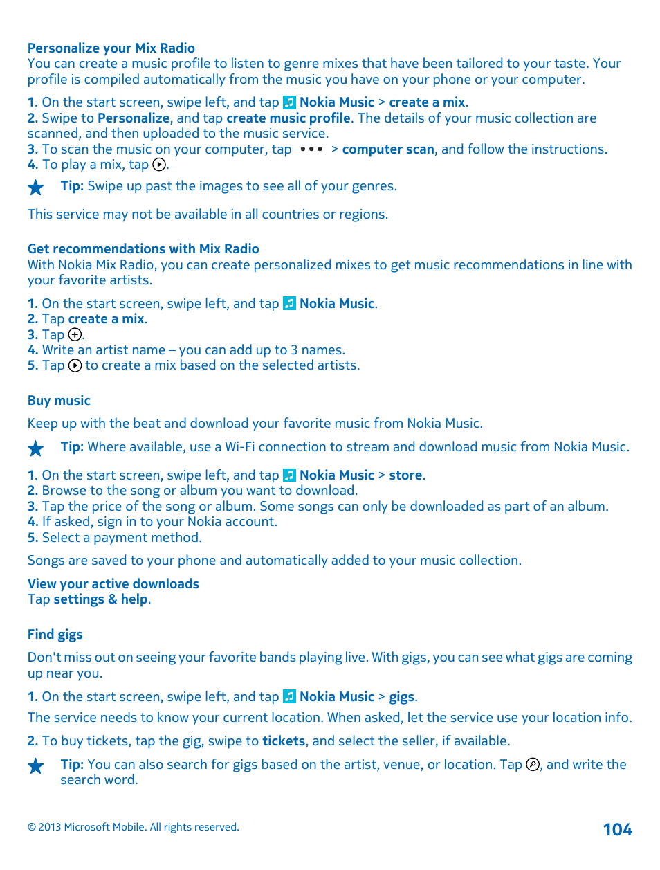 Personalize your mix radio, Get recommendations with mix radio, Buy music | Find gigs | Nokia Lumia 925 User Manual | Page 104 / 138