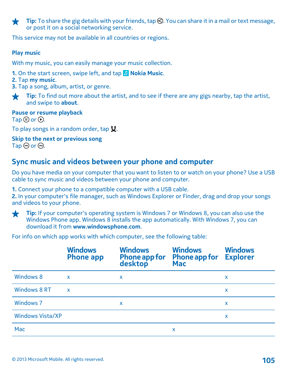 Play music, Sync music and videos between your, Phone and computer | Nokia Lumia 925 User Manual | Page 105 / 138