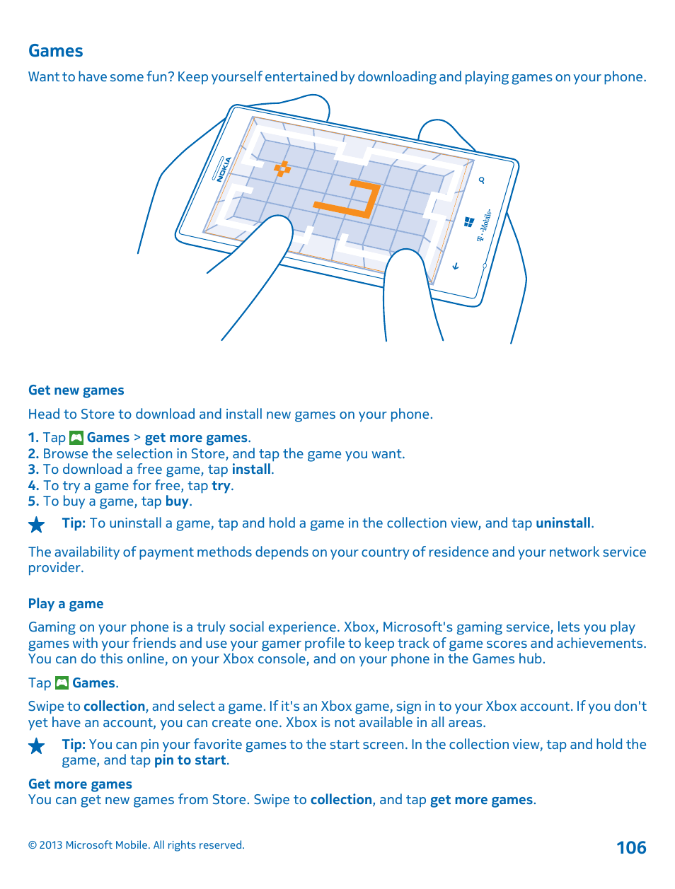 Games, Get new games, Play a game | Nokia Lumia 925 User Manual | Page 106 / 138