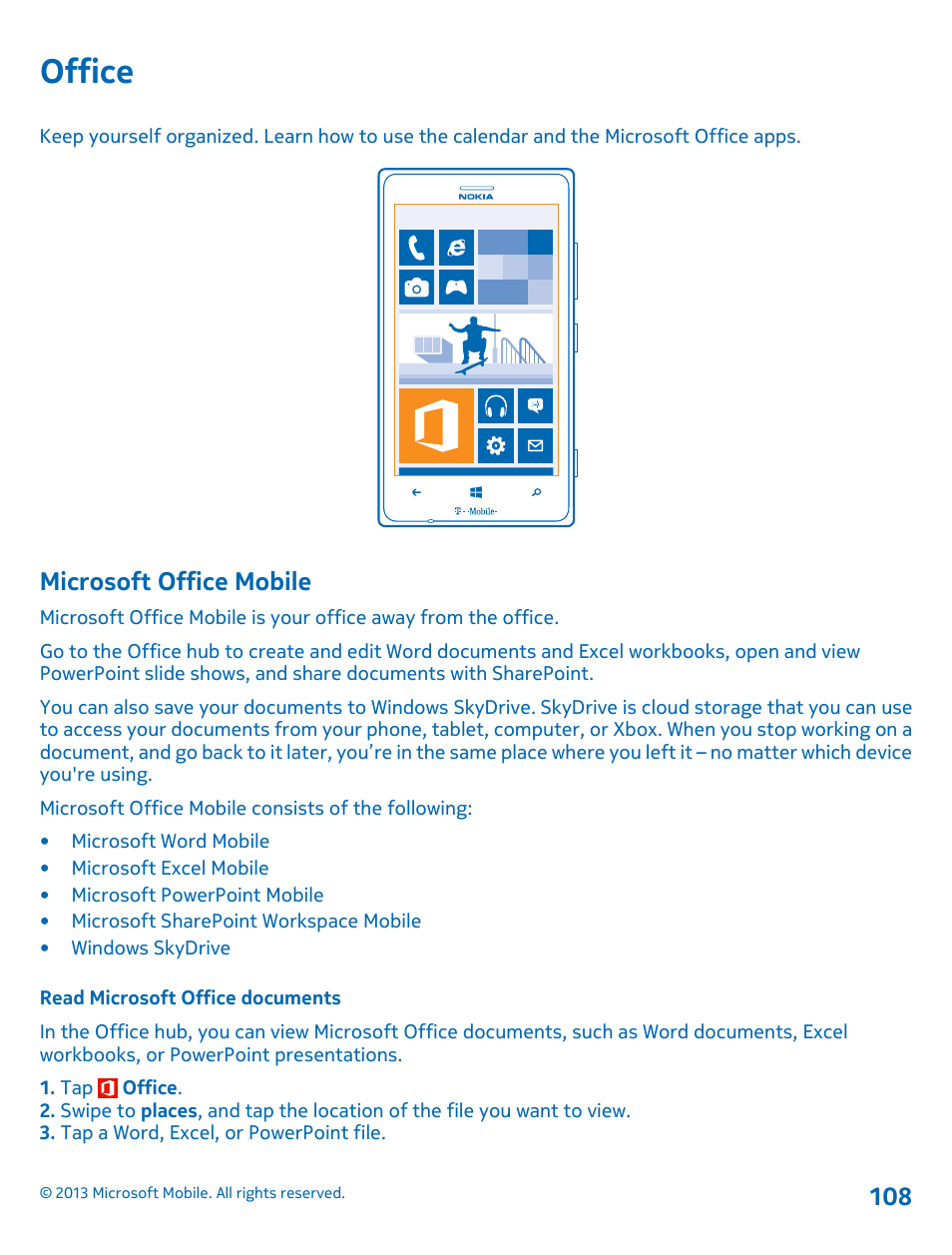 Office, Microsoft office mobile, Read microsoft office documents | Nokia Lumia 925 User Manual | Page 108 / 138