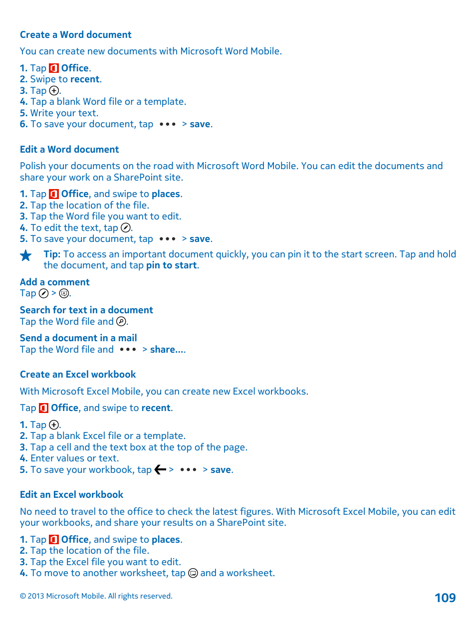 Create a word document, Edit a word document, Create an excel workbook | Edit an excel workbook | Nokia Lumia 925 User Manual | Page 109 / 138