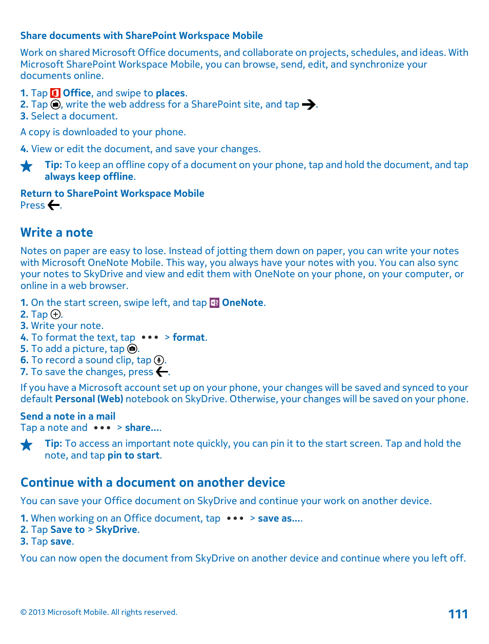 Share documents with sharepoint workspace mobile, Write a note, Continue with a document on another device | Continue with a document on another, Device | Nokia Lumia 925 User Manual | Page 111 / 138