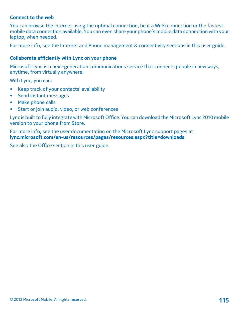 Connect to the web, Collaborate efficiently with lync on your phone | Nokia Lumia 925 User Manual | Page 115 / 138