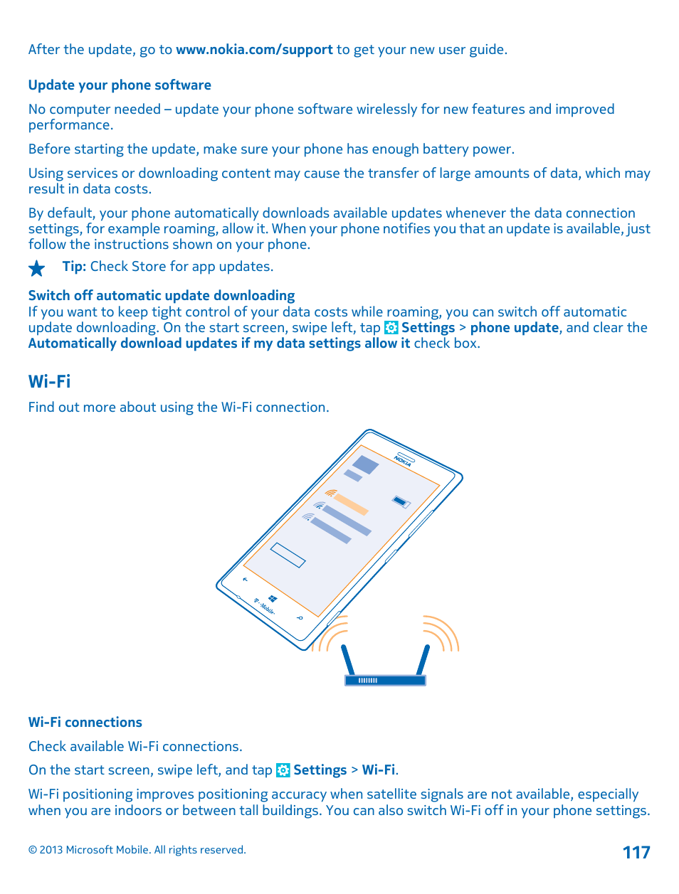 Update your phone software, Wi-fi, Wi-fi connections | Nokia Lumia 925 User Manual | Page 117 / 138