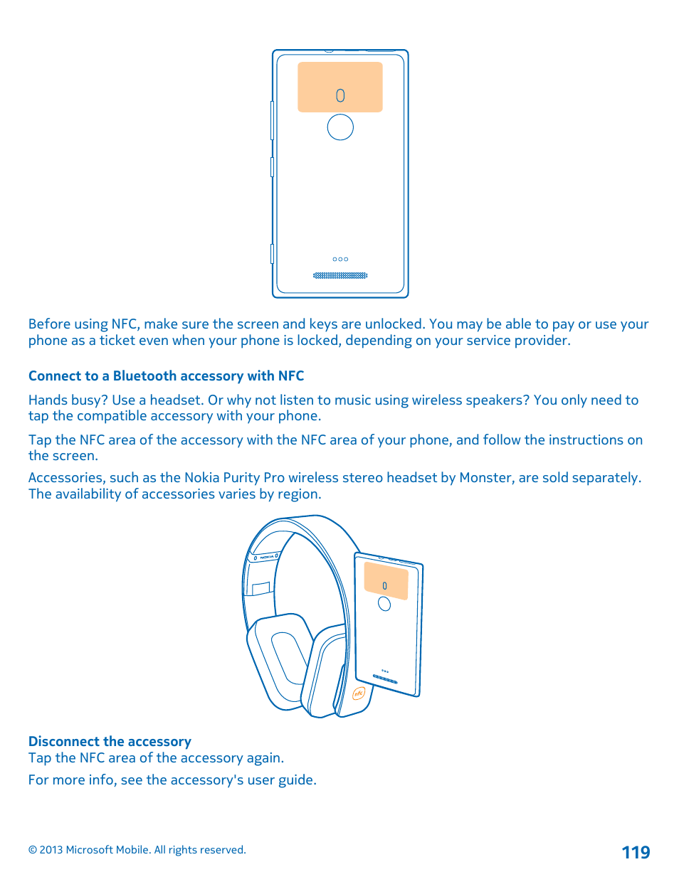 Connect to a bluetooth accessory with nfc | Nokia Lumia 925 User Manual | Page 119 / 138