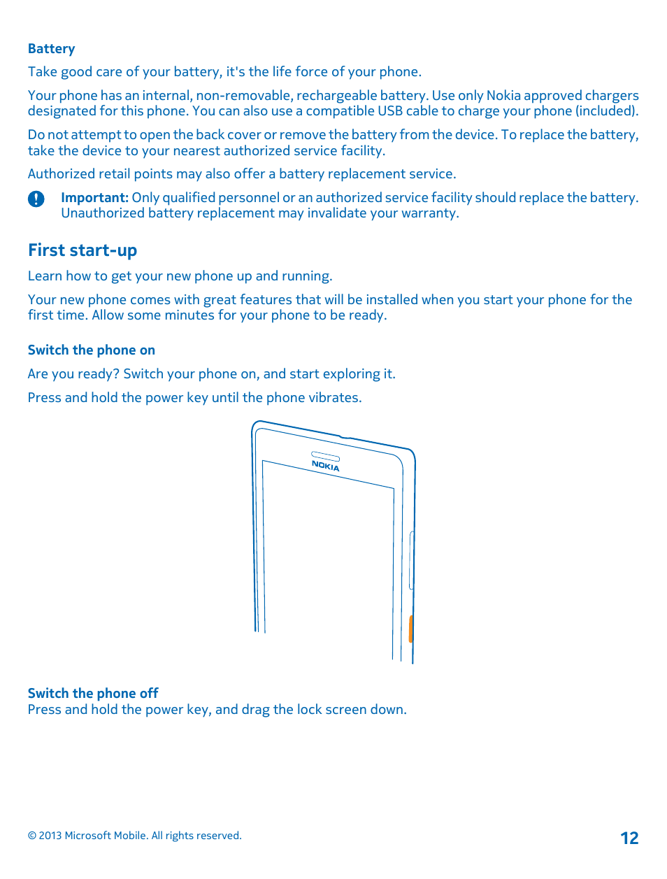 Battery, First start-up, Switch the phone on | Nokia Lumia 925 User Manual | Page 12 / 138