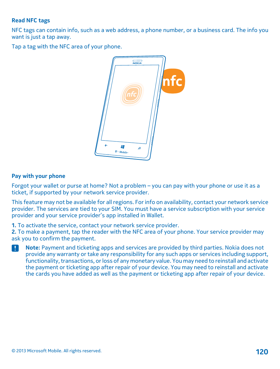 Read nfc tags, Pay with your phone | Nokia Lumia 925 User Manual | Page 120 / 138