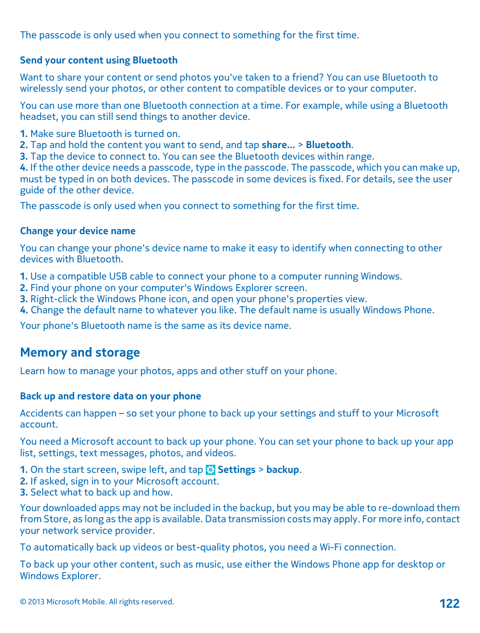Send your content using bluetooth, Change your device name, Memory and storage | Back up and restore data on your phone | Nokia Lumia 925 User Manual | Page 122 / 138