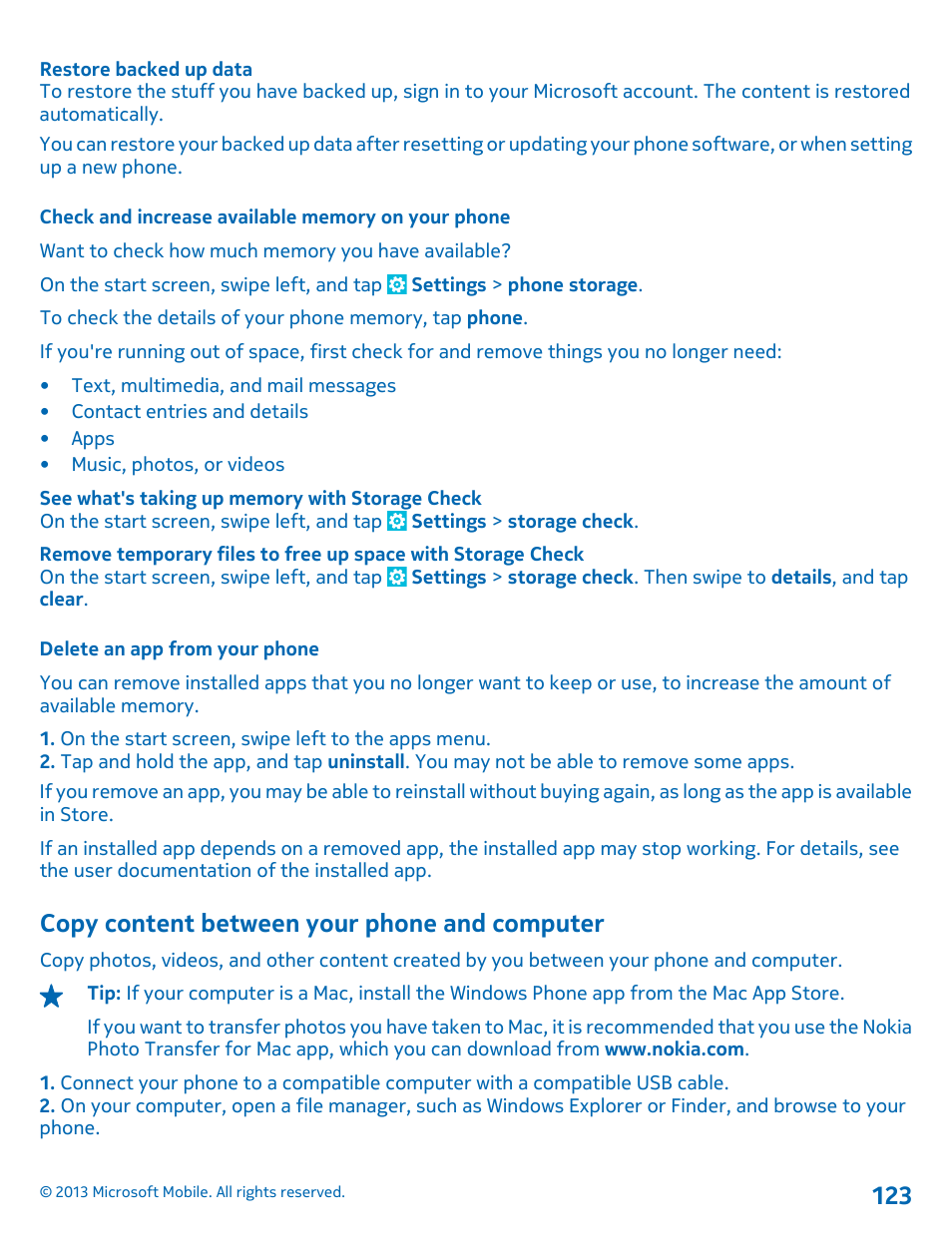 Check and increase available memory on your phone, Delete an app from your phone, Copy content between your phone and computer | Copy content between your phone and, Computer | Nokia Lumia 925 User Manual | Page 123 / 138