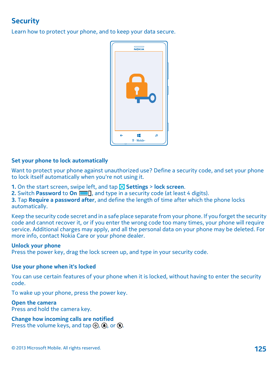 Security, Set your phone to lock automatically, Use your phone when it's locked | Nokia Lumia 925 User Manual | Page 125 / 138
