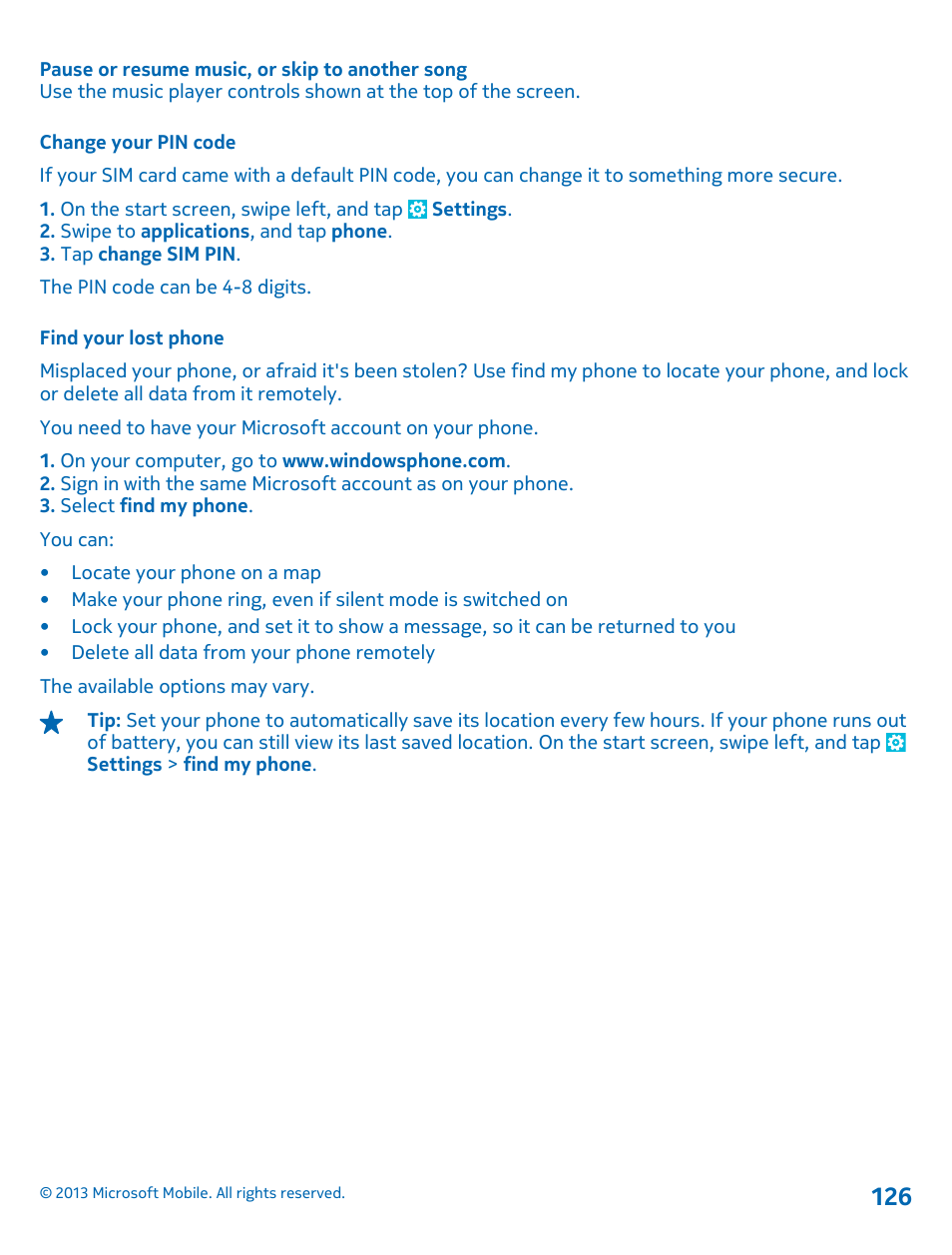 Change your pin code, Find your lost phone | Nokia Lumia 925 User Manual | Page 126 / 138