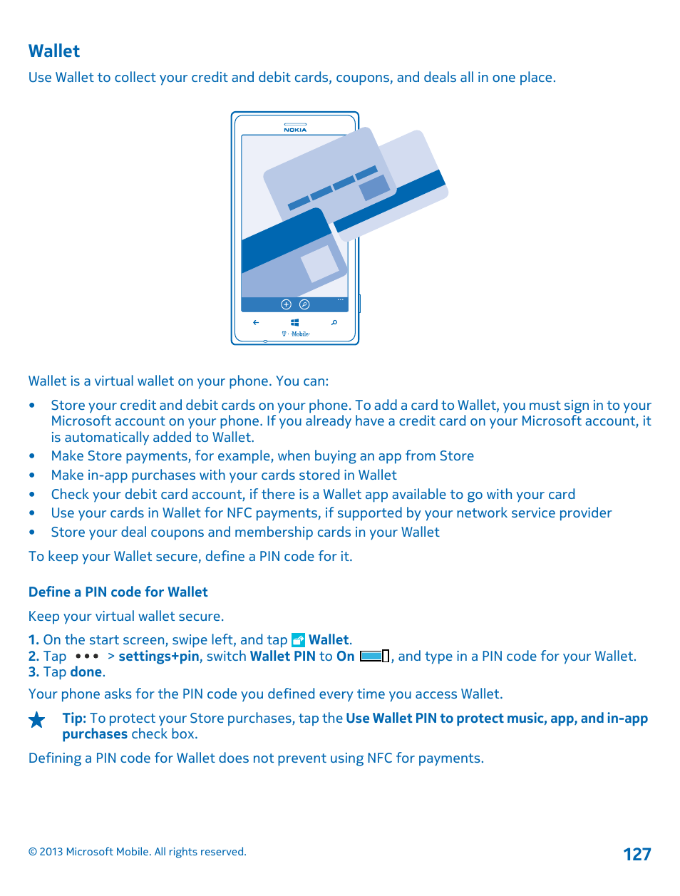 Wallet, Define a pin code for wallet | Nokia Lumia 925 User Manual | Page 127 / 138