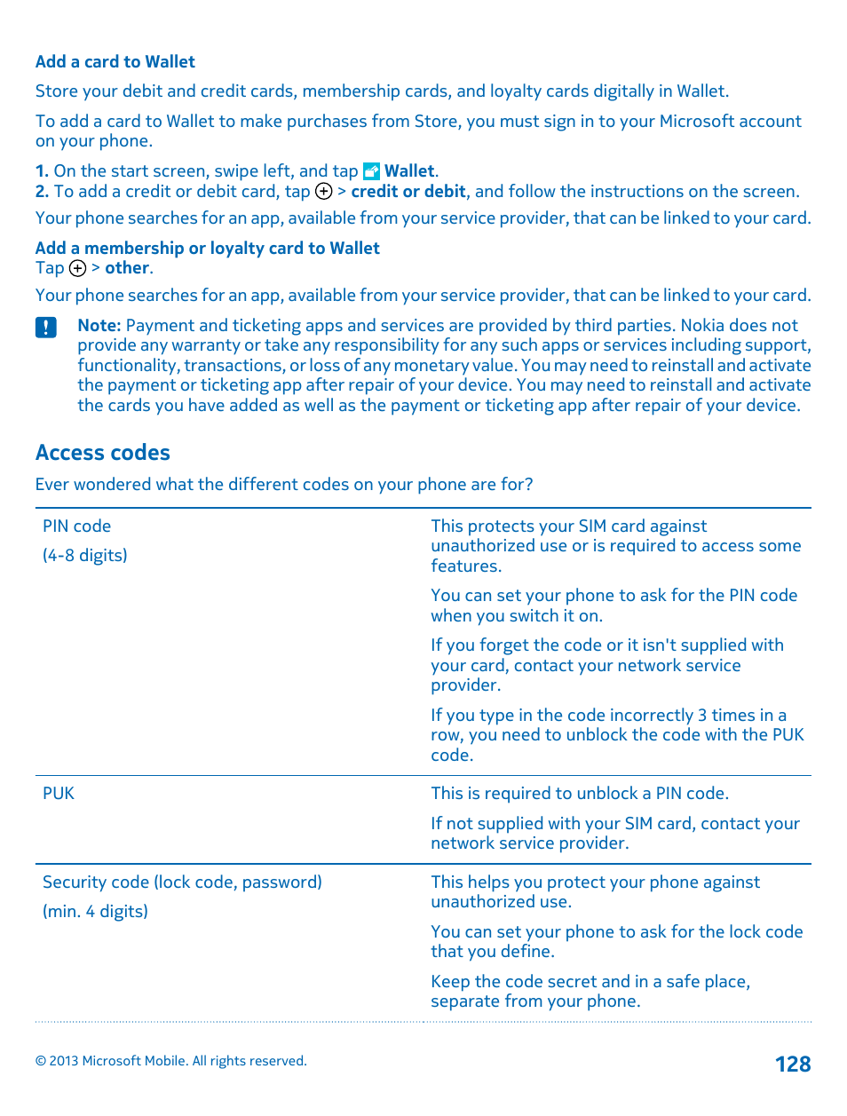 Add a card to wallet, Access codes | Nokia Lumia 925 User Manual | Page 128 / 138