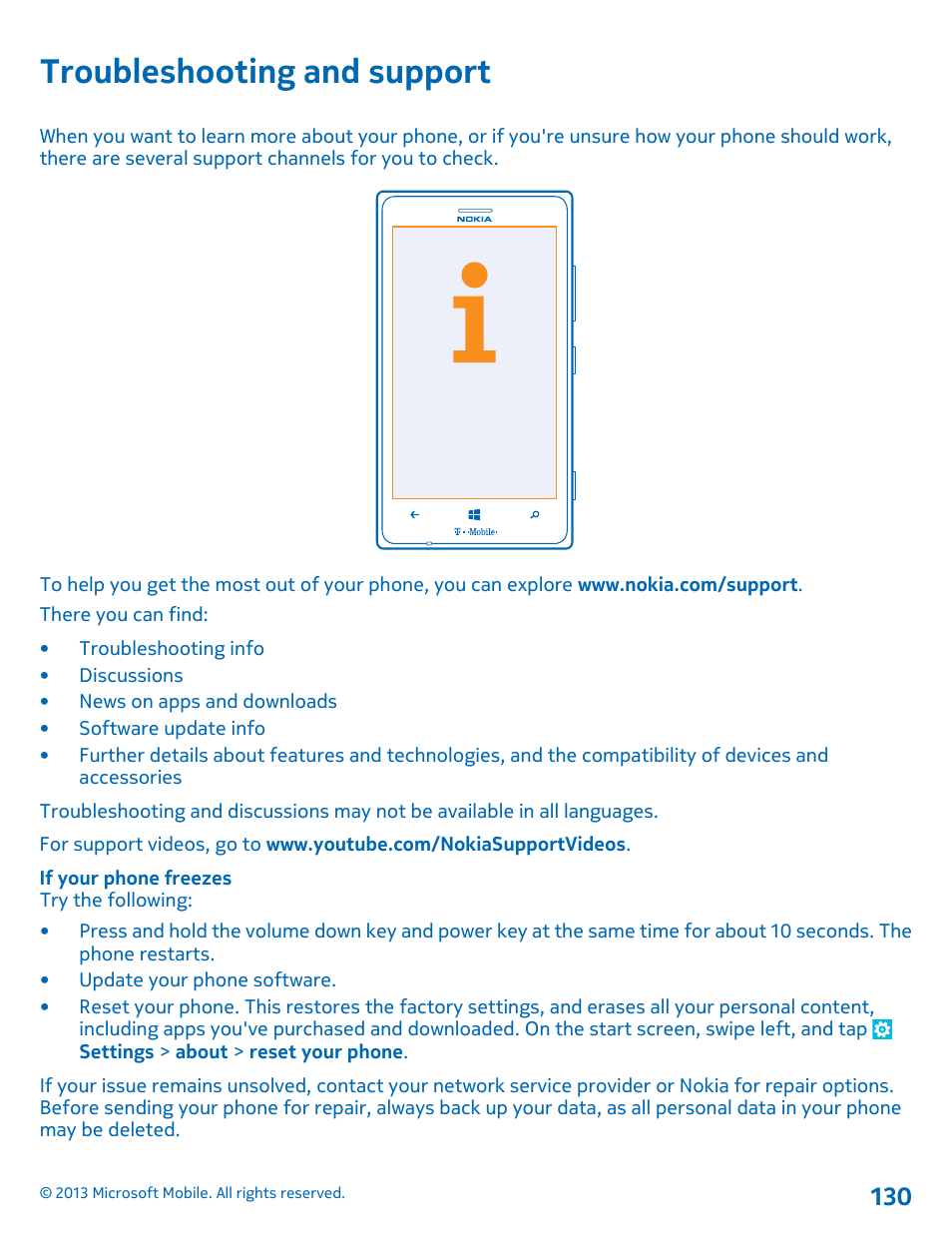 Troubleshooting and support | Nokia Lumia 925 User Manual | Page 130 / 138