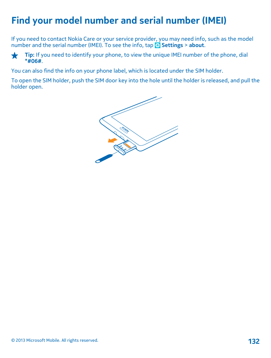Find your model number and serial number (imei), Find your model number and serial, Number (imei) | Nokia Lumia 925 User Manual | Page 132 / 138