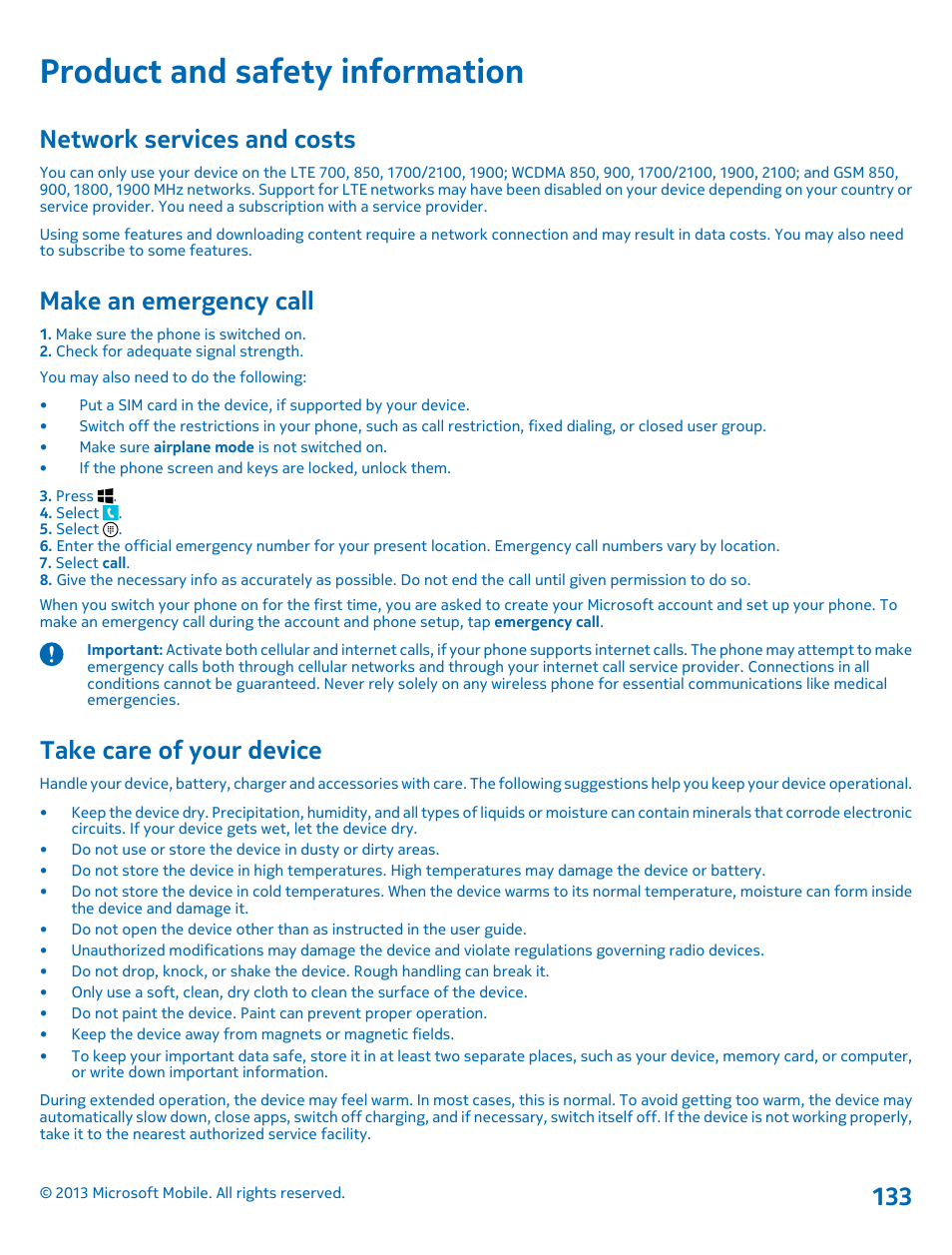 Product and safety information, Network services and costs, Make an emergency call | Take care of your device | Nokia Lumia 925 User Manual | Page 133 / 138