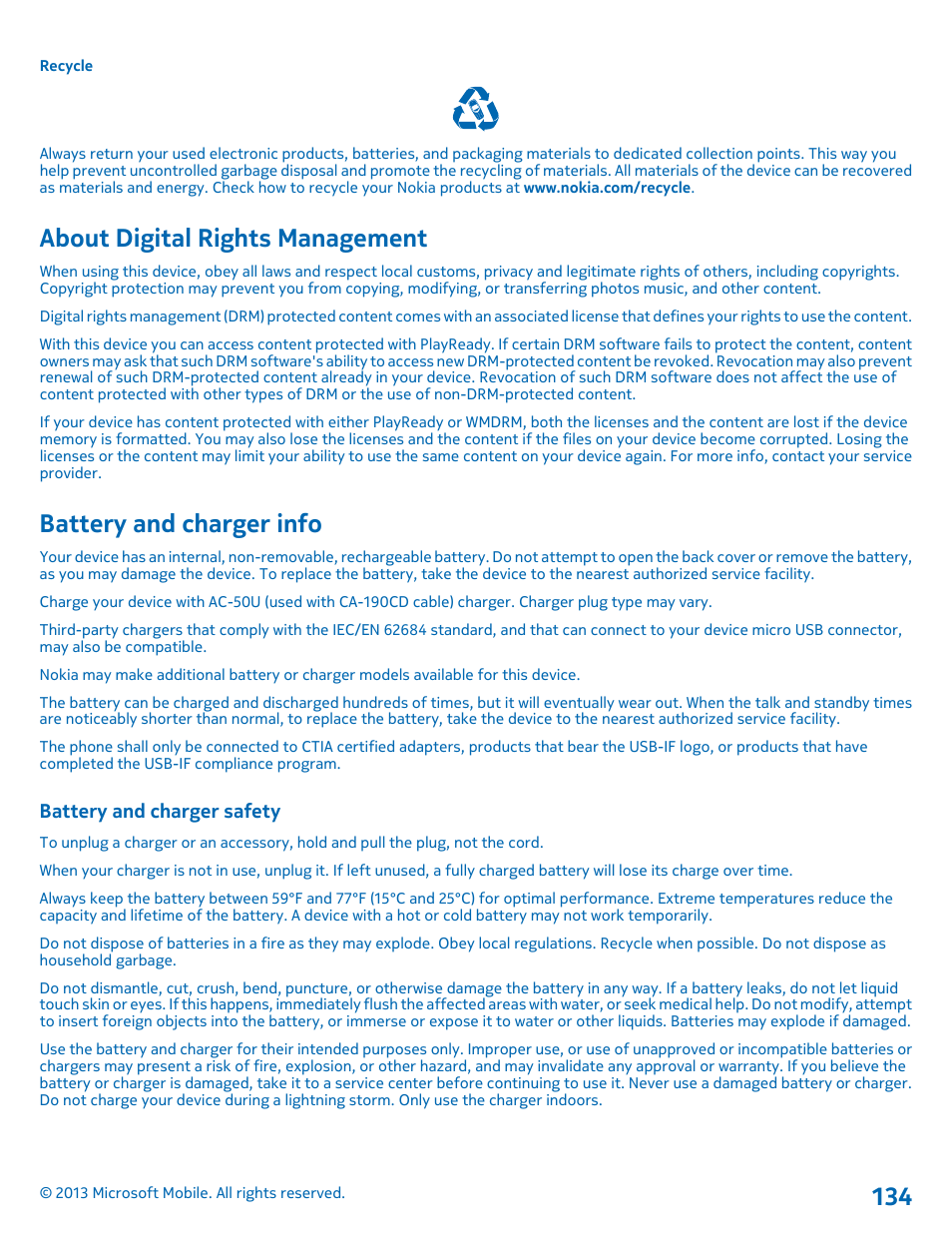 About digital rights management, Battery and charger info, Battery and charger safety | Nokia Lumia 925 User Manual | Page 134 / 138