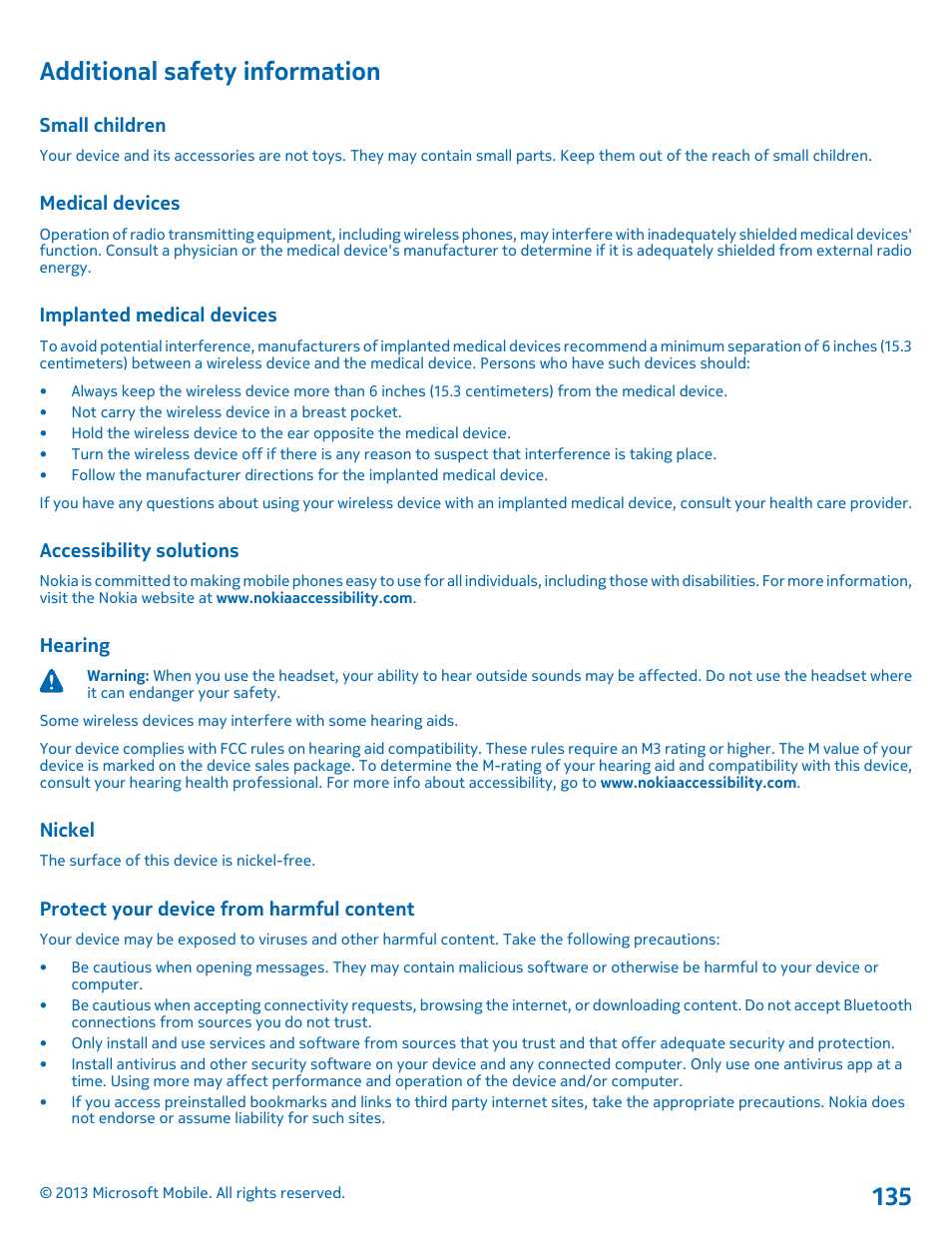 Additional safety information, Small children, Medical devices | Implanted medical devices, Accessibility solutions, Hearing, Nickel, Protect your device from harmful content | Nokia Lumia 925 User Manual | Page 135 / 138