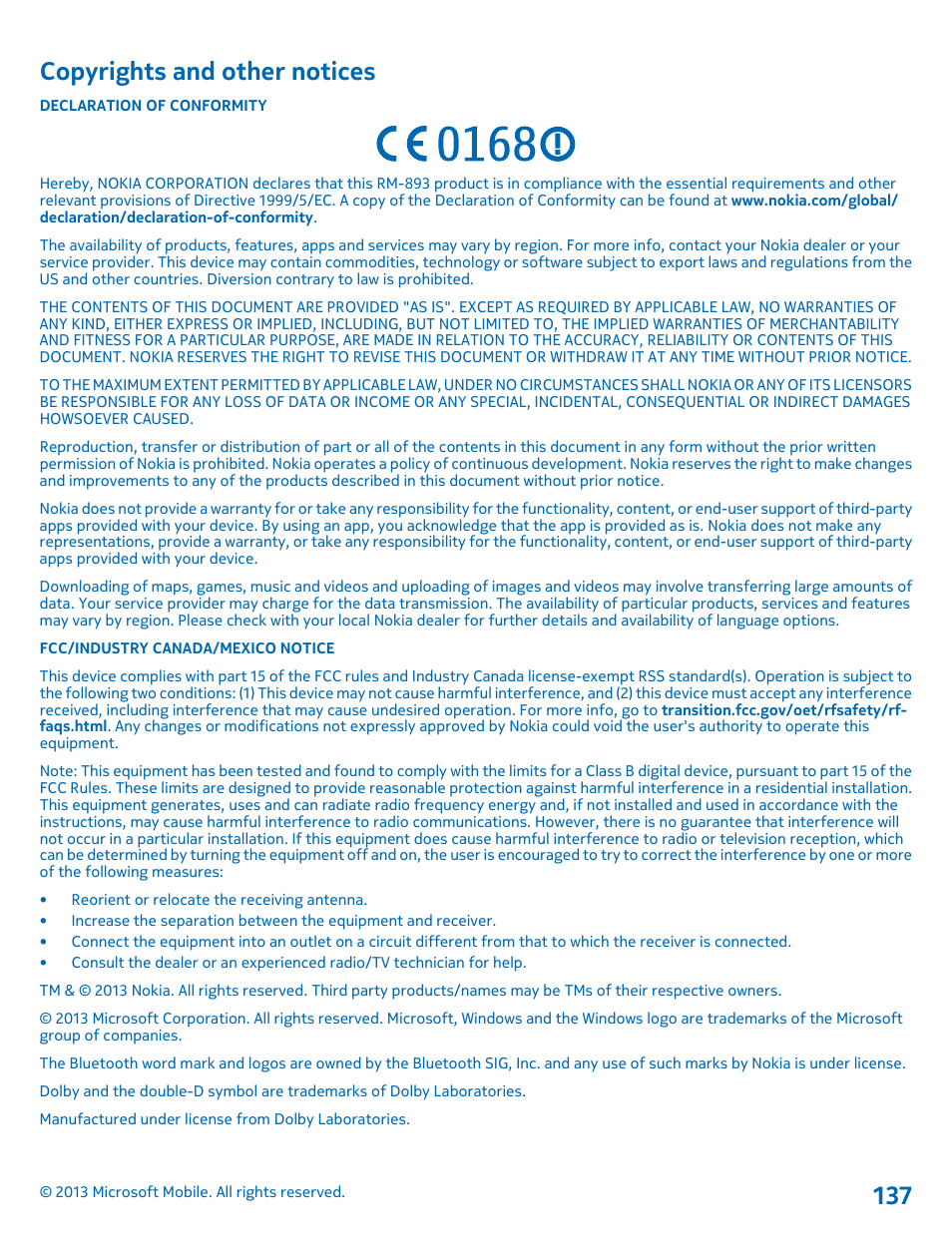 Copyrights and other notices | Nokia Lumia 925 User Manual | Page 137 / 138