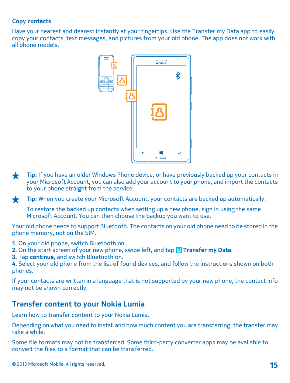 Copy contacts, Transfer content to your nokia lumia | Nokia Lumia 925 User Manual | Page 15 / 138