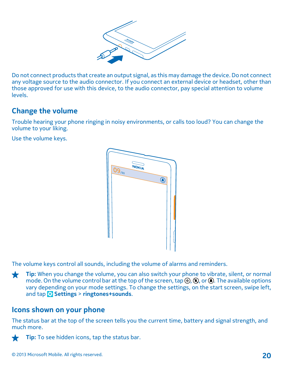 Change the volume, Icons shown on your phone | Nokia Lumia 925 User Manual | Page 20 / 138