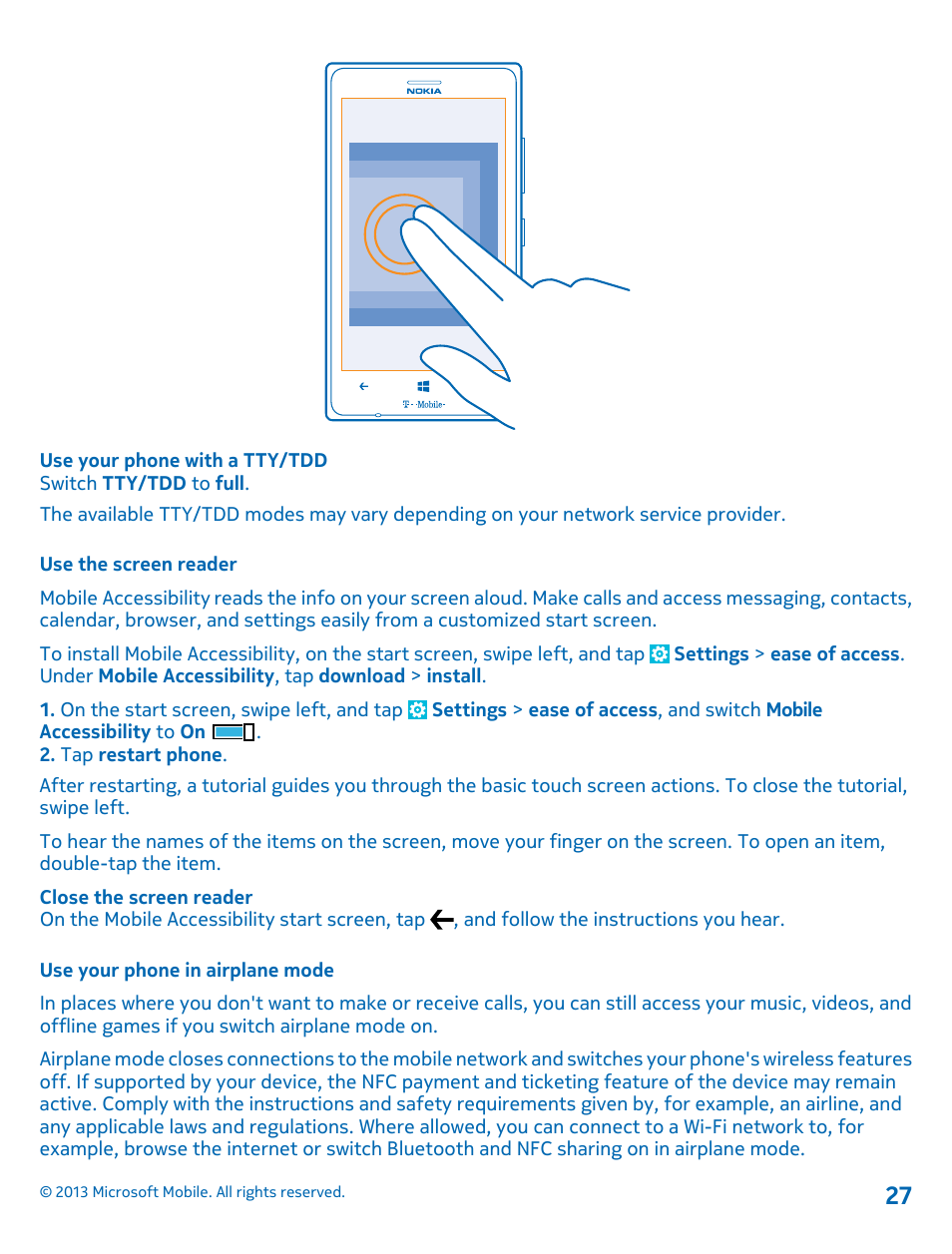 Use the screen reader, Use your phone in airplane mode | Nokia Lumia 925 User Manual | Page 27 / 138