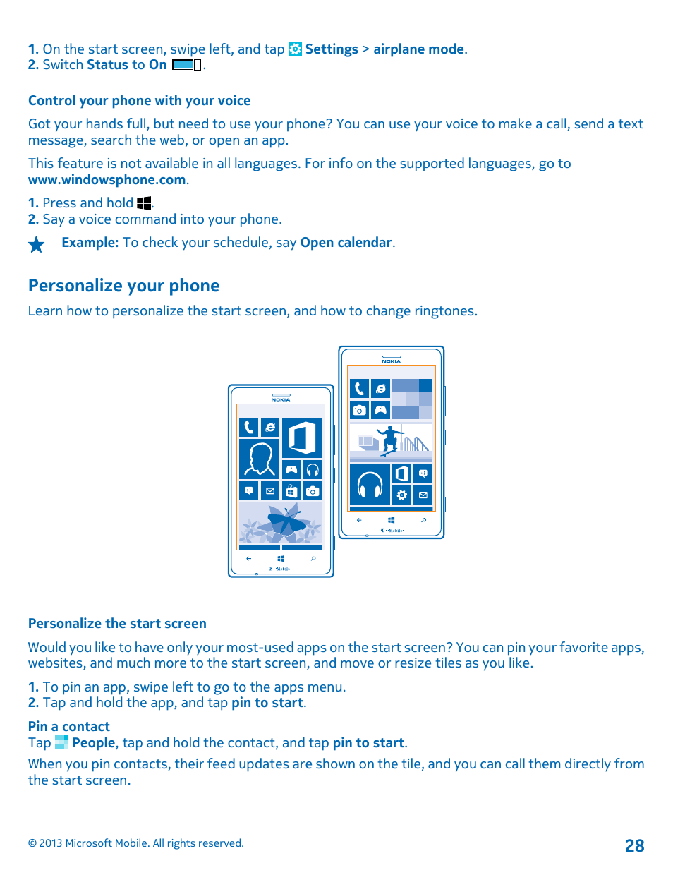 Control your phone with your voice, Personalize your phone, Personalize the start screen | Nokia Lumia 925 User Manual | Page 28 / 138