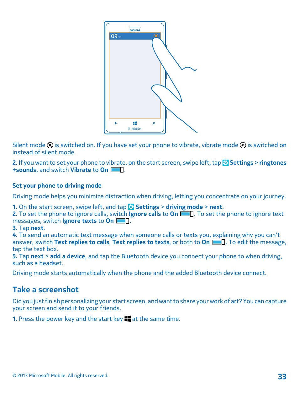 Set your phone to driving mode, Take a screenshot | Nokia Lumia 925 User Manual | Page 33 / 138