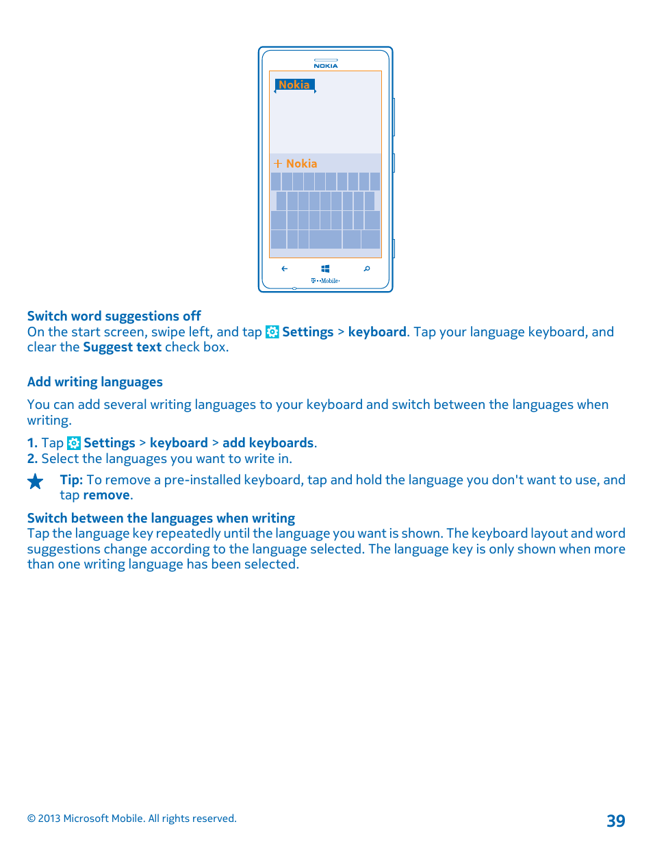 Add writing languages | Nokia Lumia 925 User Manual | Page 39 / 138