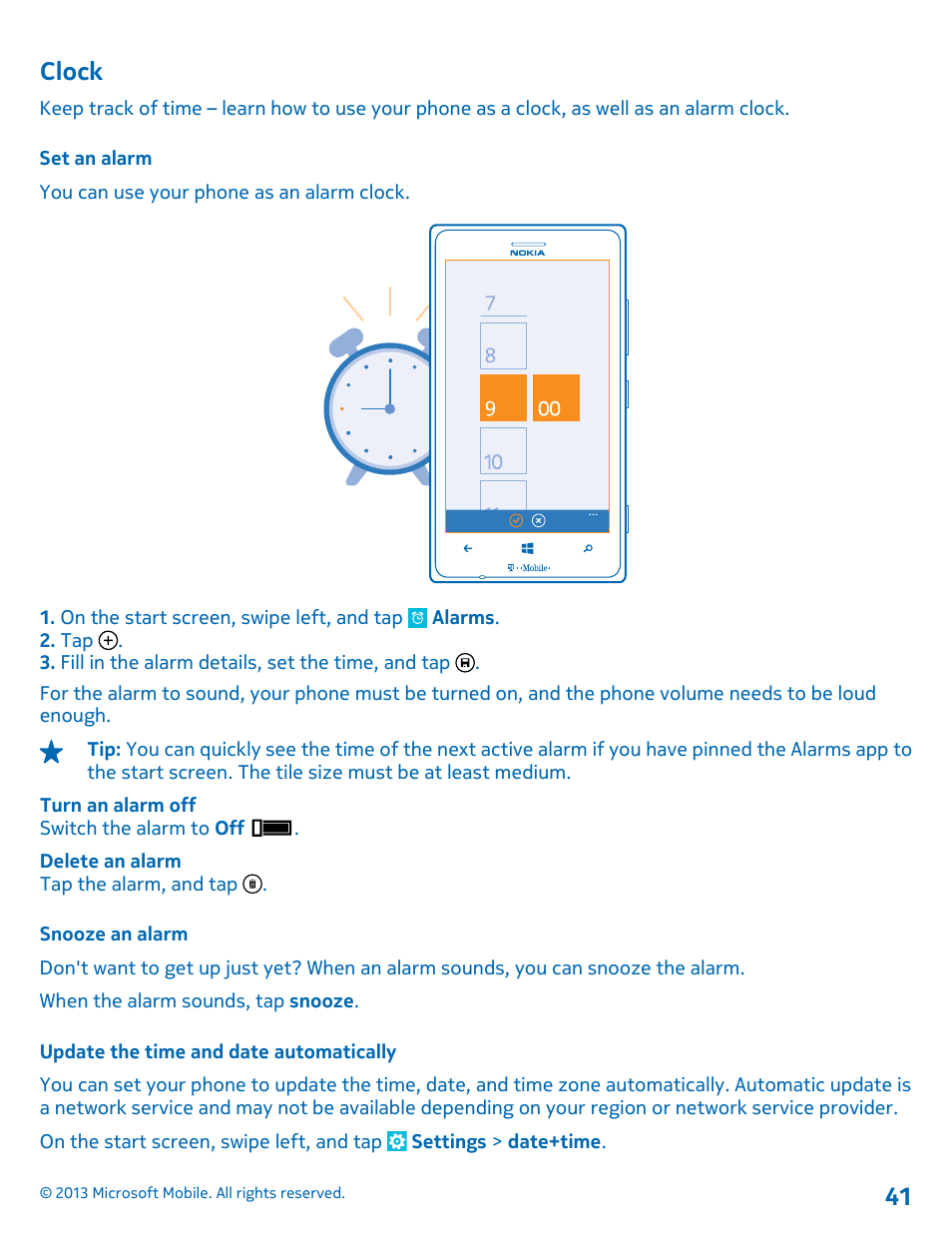 Clock, Set an alarm, Snooze an alarm | Update the time and date automatically | Nokia Lumia 925 User Manual | Page 41 / 138