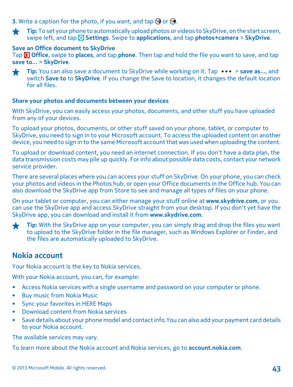 Nokia account | Nokia Lumia 925 User Manual | Page 43 / 138