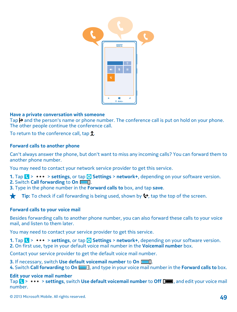Forward calls to another phone, Forward calls to your voice mail | Nokia Lumia 925 User Manual | Page 49 / 138