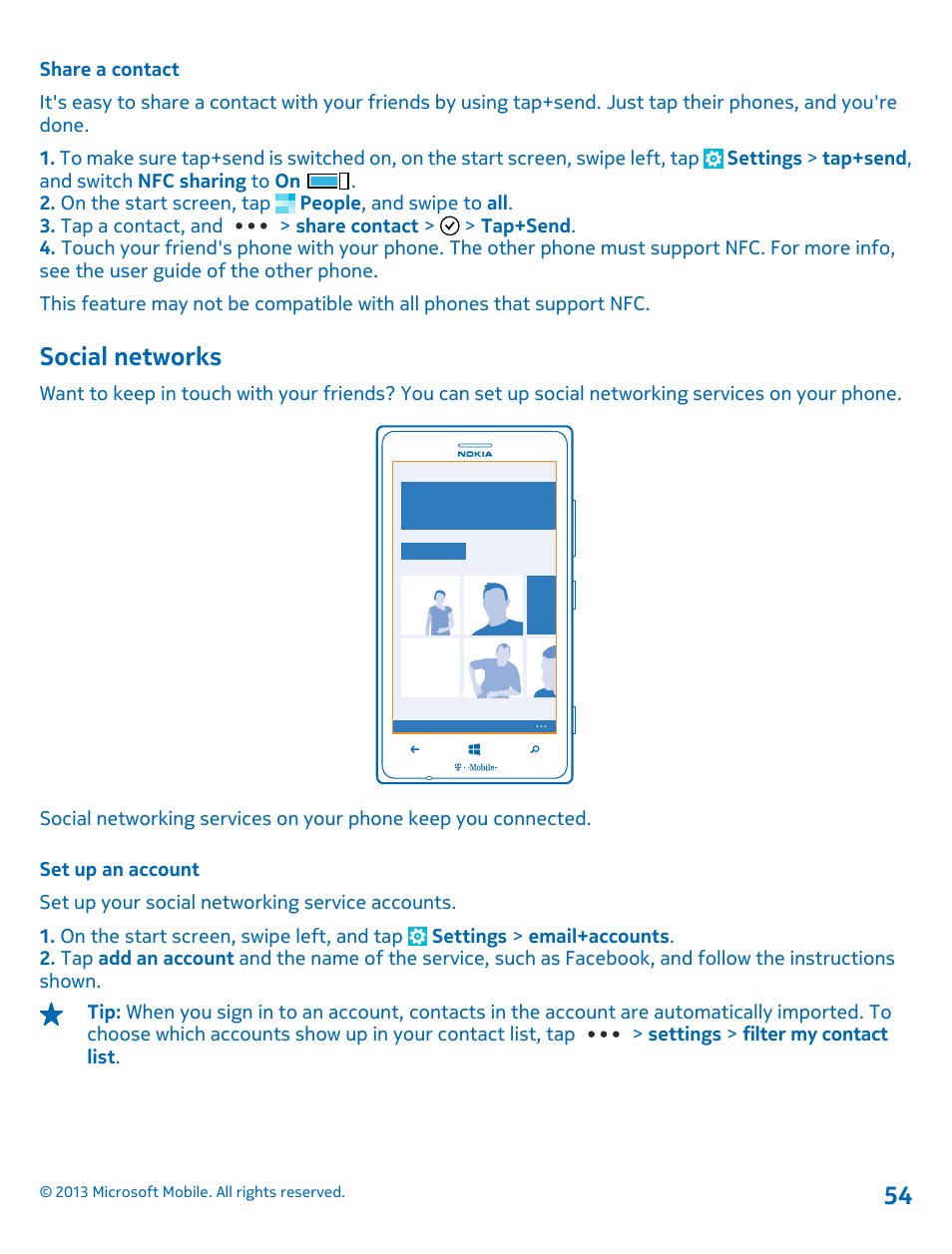 Share a contact, Social networks, Set up an account | Nokia Lumia 925 User Manual | Page 54 / 138