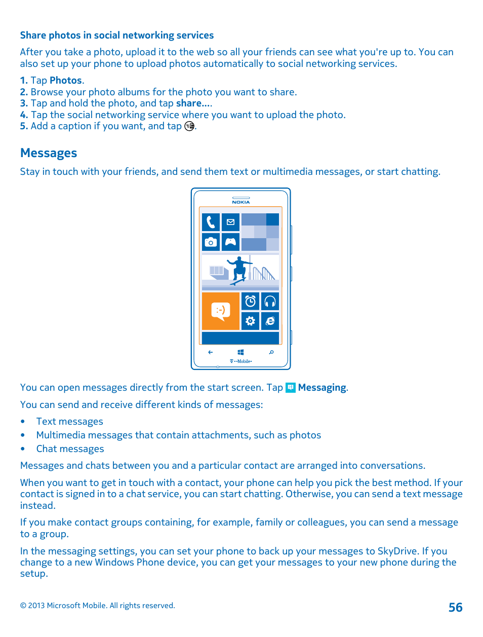 Share photos in social networking services, Messages | Nokia Lumia 925 User Manual | Page 56 / 138