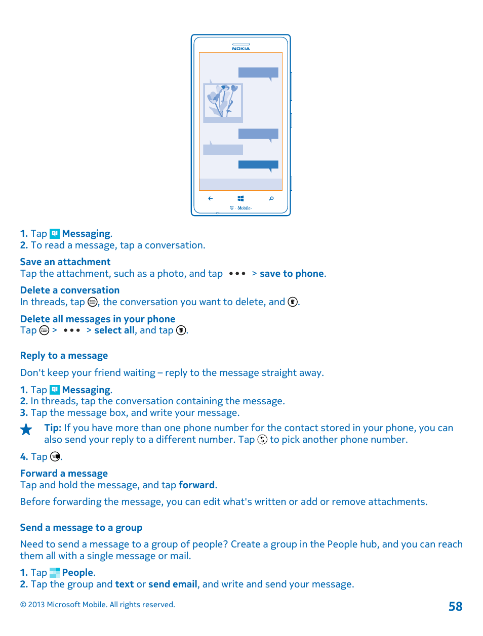 Reply to a message, Send a message to a group | Nokia Lumia 925 User Manual | Page 58 / 138