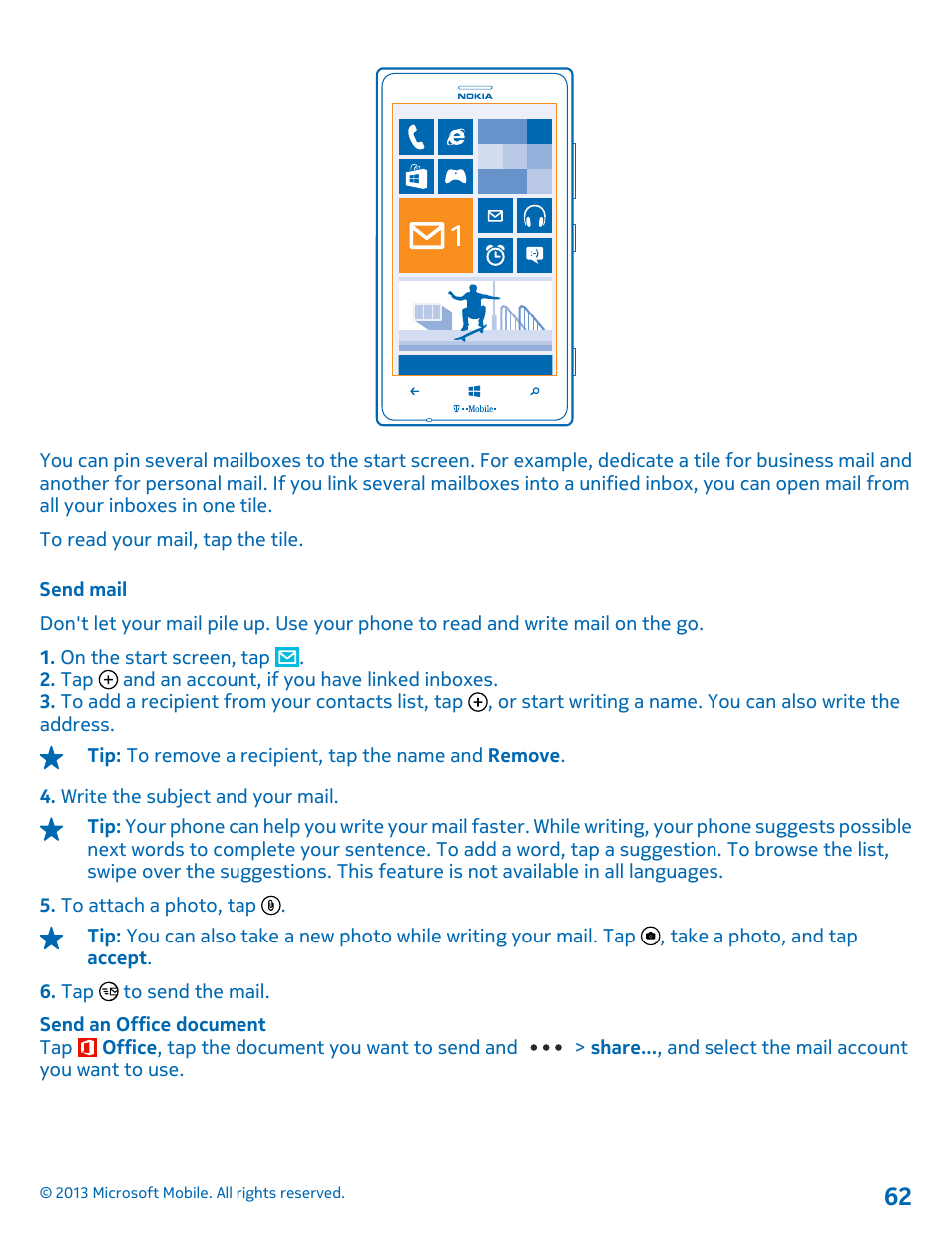 Send mail | Nokia Lumia 925 User Manual | Page 62 / 138