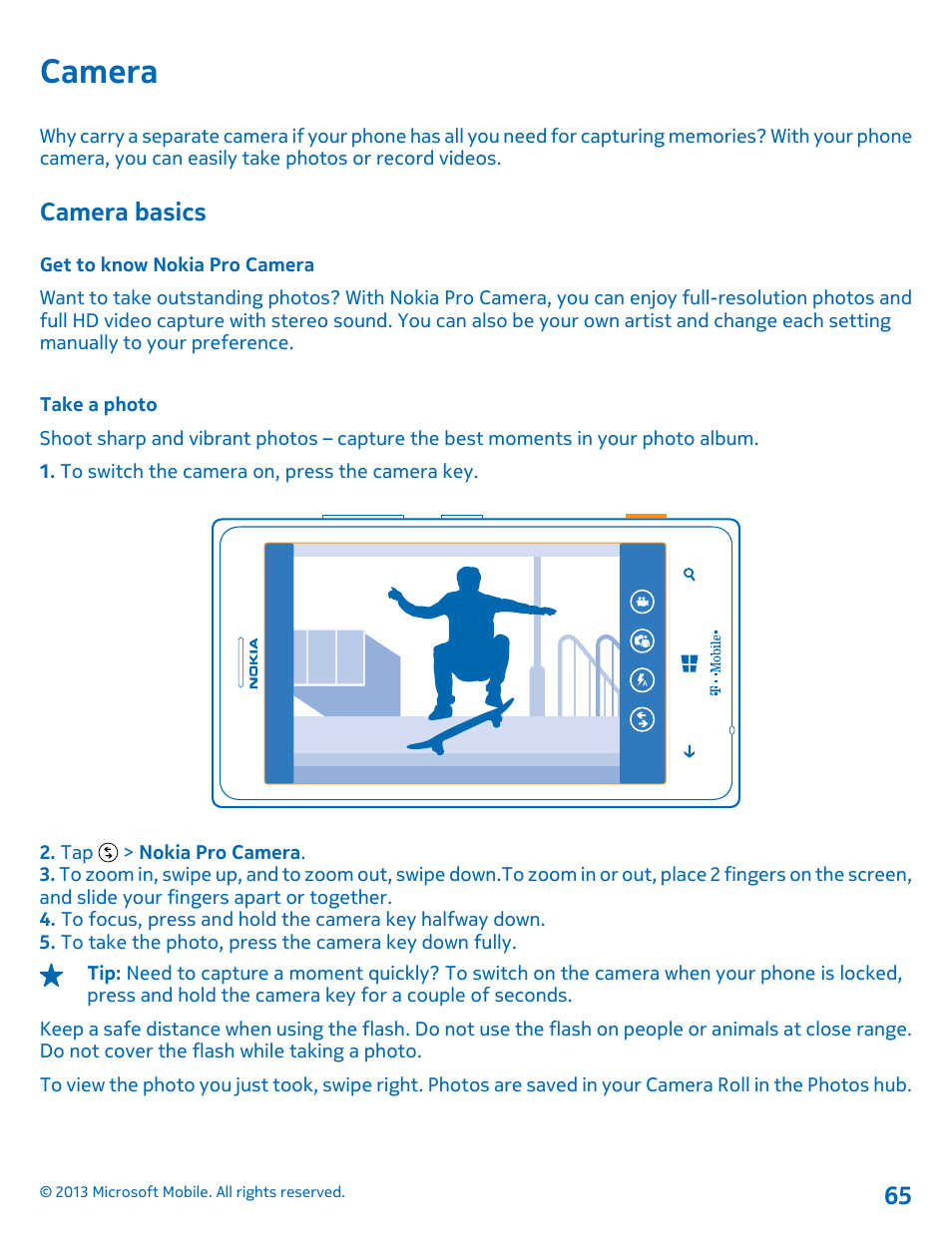 Camera, Camera basics, Get to know nokia pro camera | Take a photo | Nokia Lumia 925 User Manual | Page 65 / 138