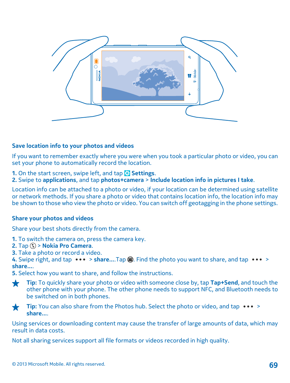 Save location info to your photos and videos, Share your photos and videos | Nokia Lumia 925 User Manual | Page 69 / 138