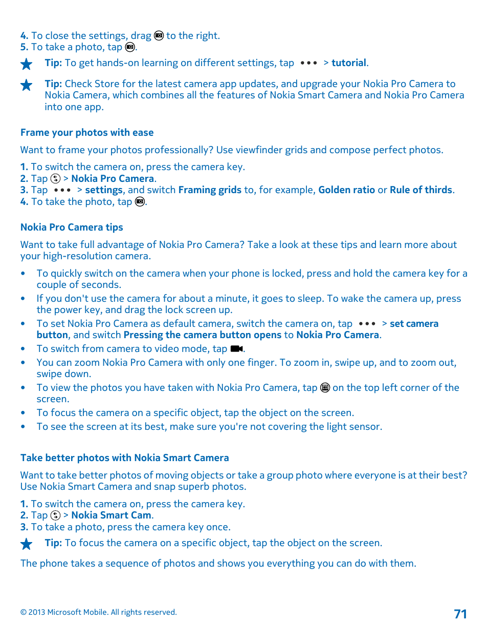 Frame your photos with ease, Nokia pro camera tips, Take better photos with nokia smart camera | Nokia Lumia 925 User Manual | Page 71 / 138