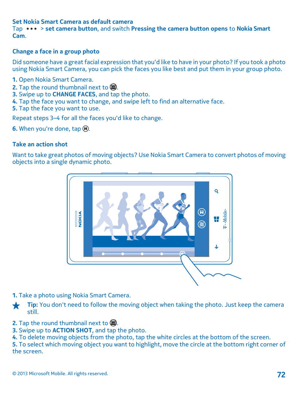 Change a face in a group photo, Take an action shot | Nokia Lumia 925 User Manual | Page 72 / 138