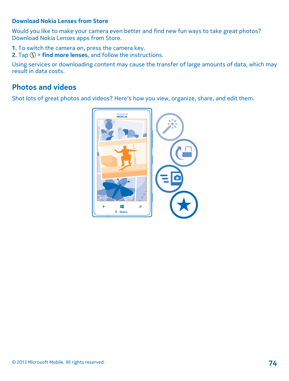 Download nokia lenses from store, Photos and videos | Nokia Lumia 925 User Manual | Page 74 / 138