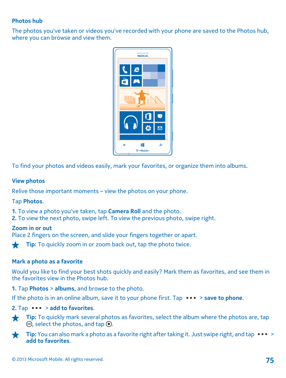 Photos hub, View photos, Mark a photo as a favorite | Nokia Lumia 925 User Manual | Page 75 / 138