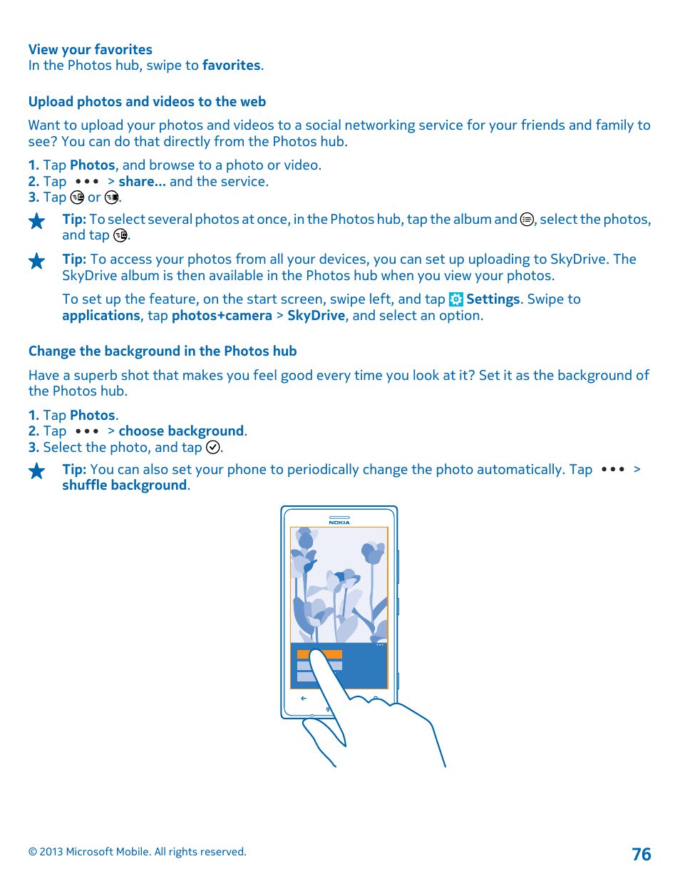 Upload photos and videos to the web, Change the background in the photos hub | Nokia Lumia 925 User Manual | Page 76 / 138