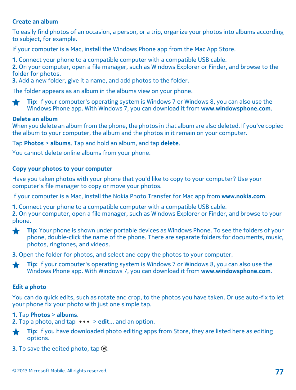 Create an album, Copy your photos to your computer, Edit a photo | Nokia Lumia 925 User Manual | Page 77 / 138