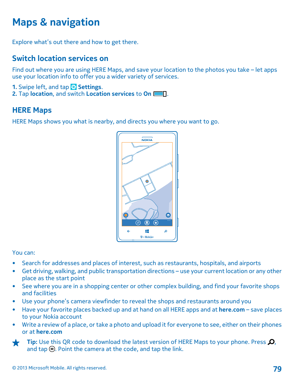 Maps & navigation, Switch location services on, Here maps | Nokia Lumia 925 User Manual | Page 79 / 138