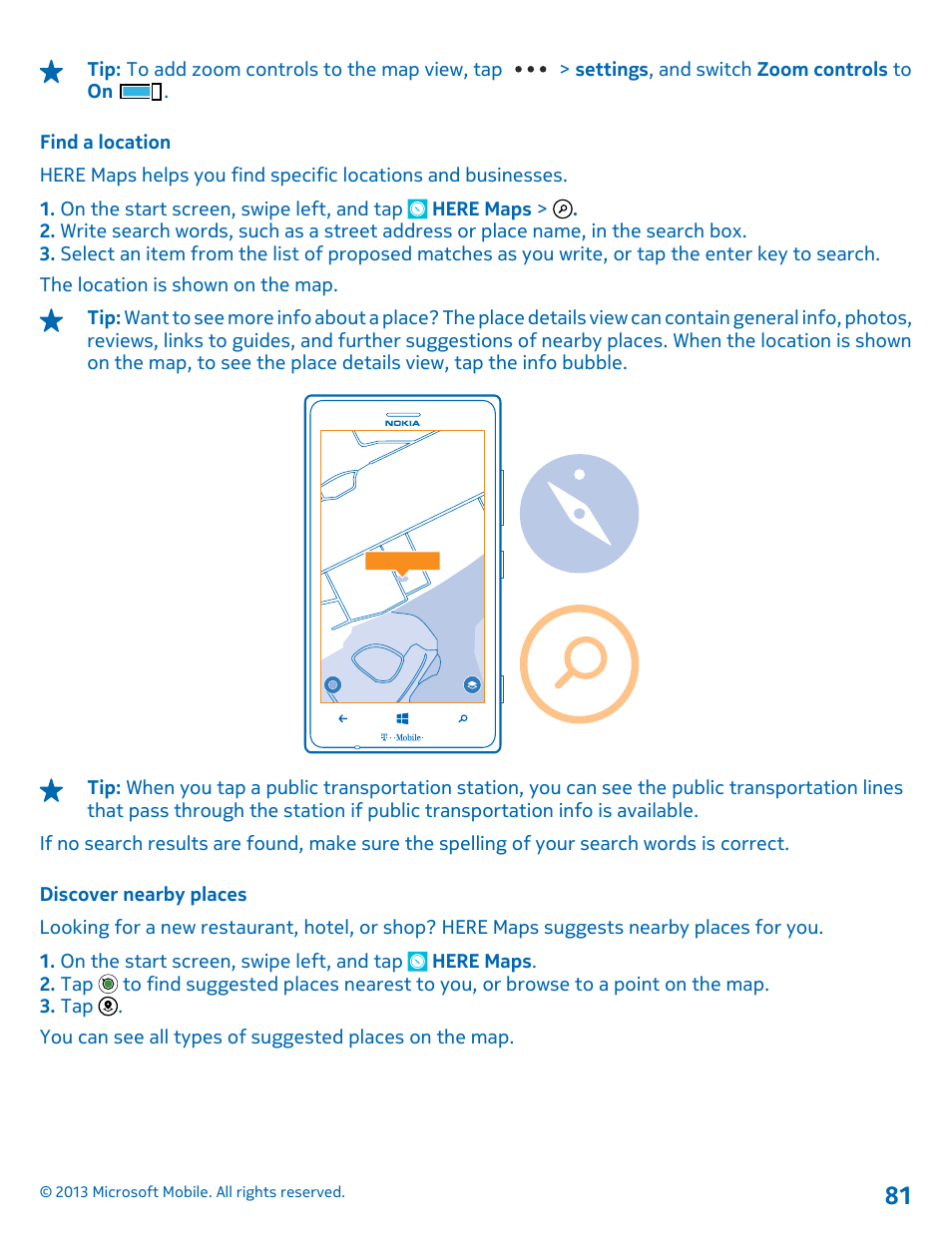 Find a location, Discover nearby places | Nokia Lumia 925 User Manual | Page 81 / 138