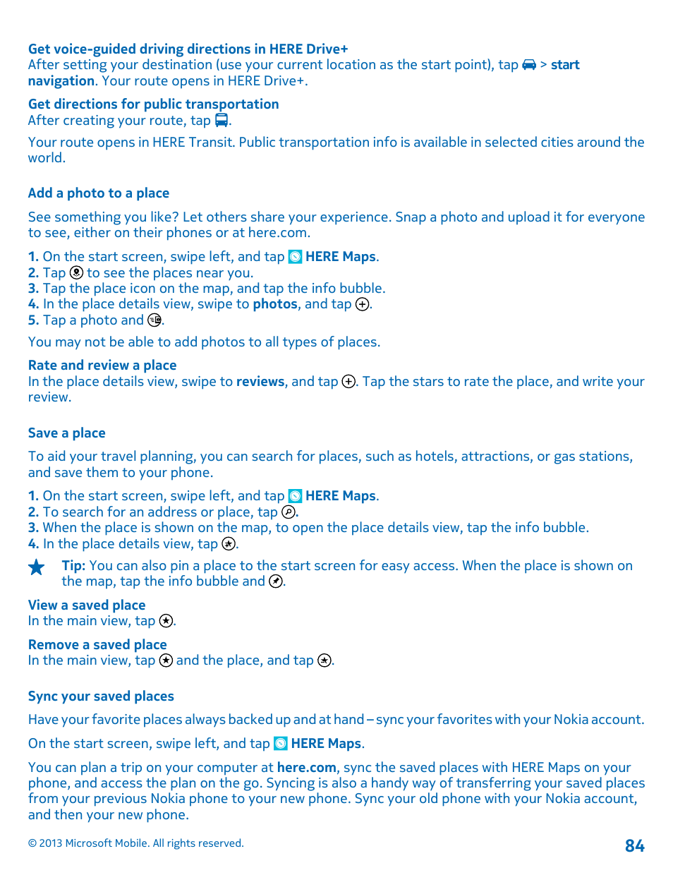 Add a photo to a place, Save a place, Sync your saved places | Nokia Lumia 925 User Manual | Page 84 / 138