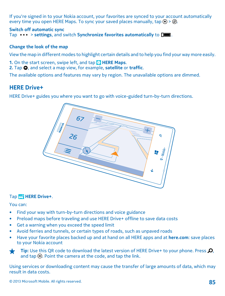 Change the look of the map, Here drive | Nokia Lumia 925 User Manual | Page 85 / 138